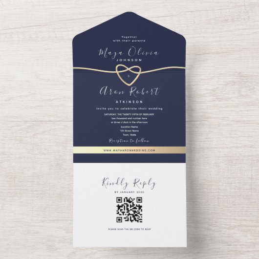 Invitation Tout En Un QR Code Gold et Mariage bleu marine (À l'intérieur)
