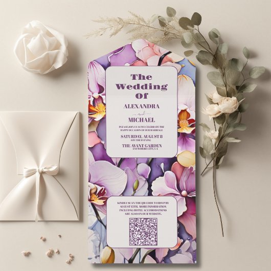 Invitation Tout En Un QR Code Hot rose Fuchsia Aquarelle Orchidées Weddi