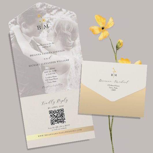 Invitation Tout En Un QR Code Ivory Gold Photo Wedding