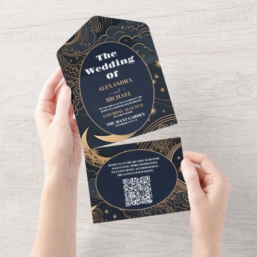Invitation Tout En Un QR Code Midnight Blue Gold CelestiMariage (Déchirure)