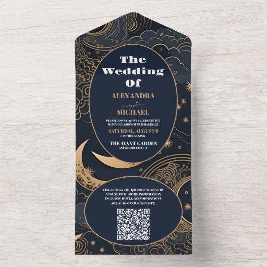 Invitation Tout En Un QR Code Midnight Blue Gold CelestiMariage (À l'intérieur)