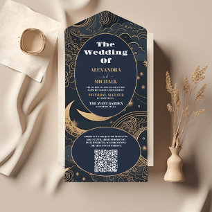 Invitation Tout En Un QR Code Midnight Blue Gold CelestiMariage