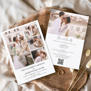 Invitation Tout en un QR Code Minimaliste Photo Mariage blanc