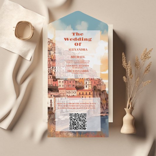 Invitation Tout En Un QR Code Moderne Élégant Italie Destination Mariage