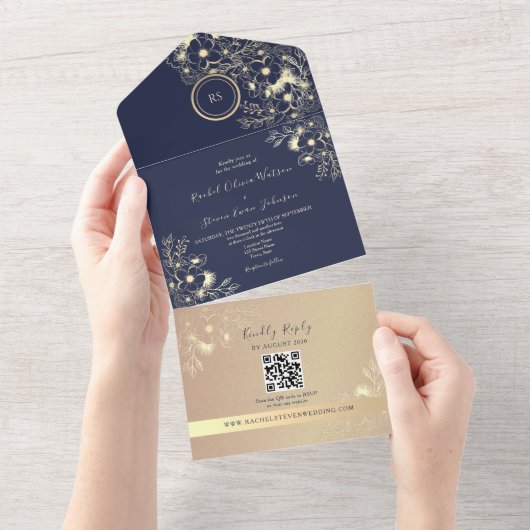 Invitation Tout En Un QR Code Navy Rose Gold Wedding (Déchirure)