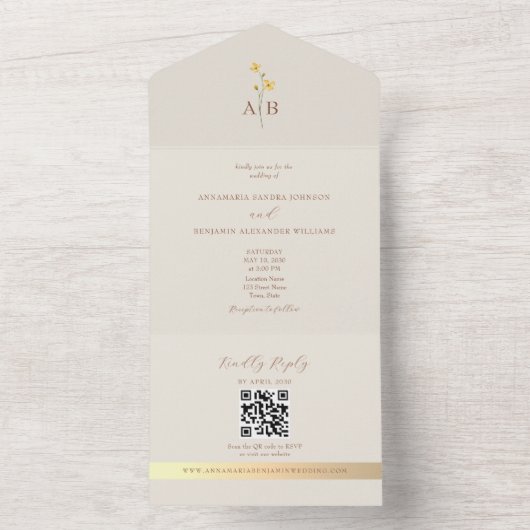 Invitation Tout En Un QR Code Neutral Ivory Gold Wildflower Wedding (À l'intérieur)