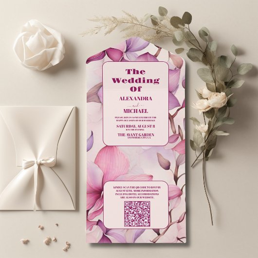 Invitation Tout En Un QR Code Orchidées roses Mariage floral