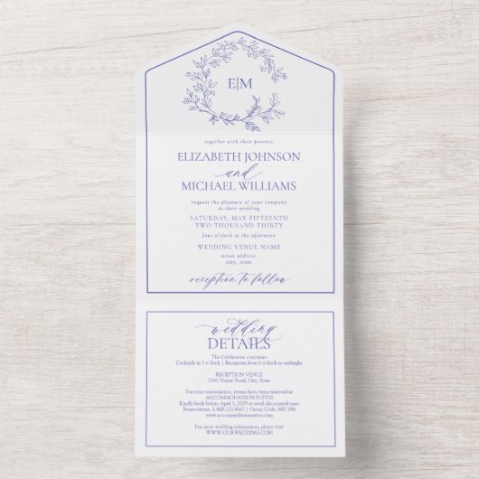 Invitation Tout En Un QR Code Périwinkle poitrine feuillue Mariage de mo (À l'intérieur)