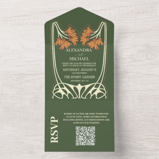 Invitation Tout En Un QR Code Romantique Art nouveau Mariage (À l'intérieur)
