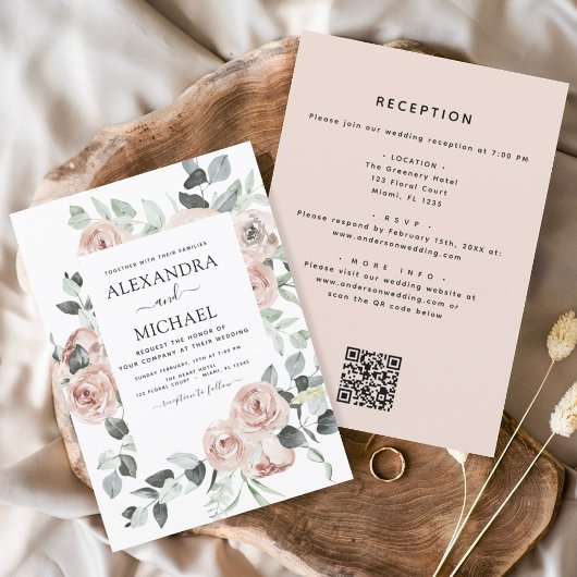 Invitation Tout en un QR Code rose Floral Eucalyptus Mariage