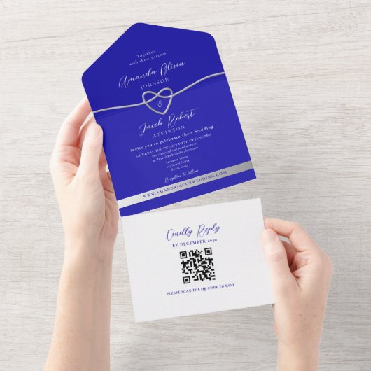 Invitation Tout En Un QR Code Royal Blue Silver Parties scintillant Mari (Déchirure)