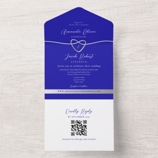 Invitation Tout En Un QR Code Royal Blue Silver Parties scintillant Mari (À l'intérieur)