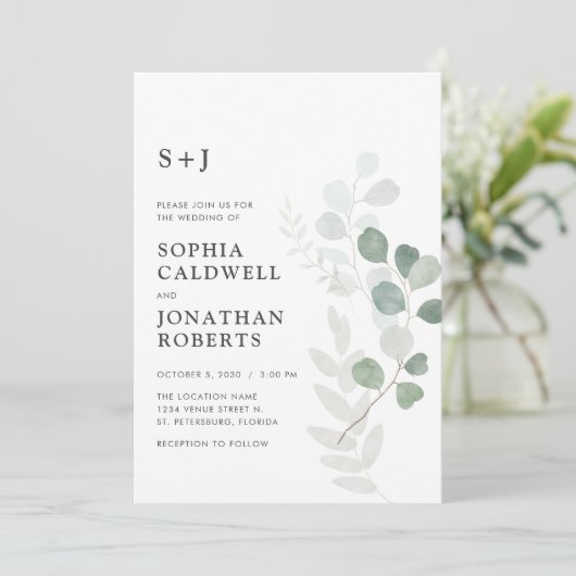 Invitation Tout en un QR Code RSVP Airy Eucalyptus Mariage (Debout devant)