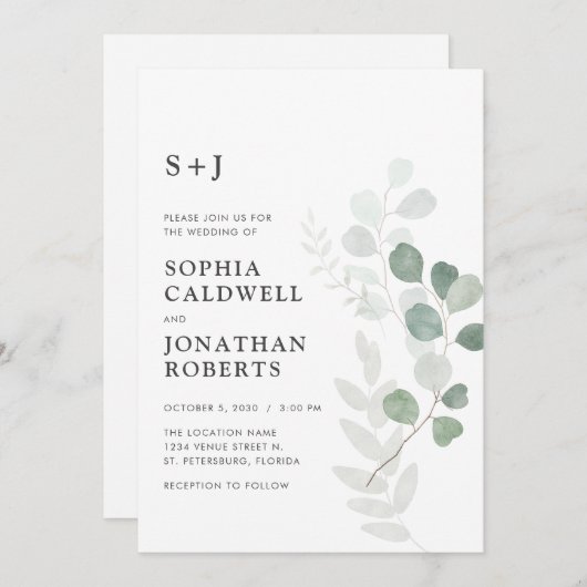 Invitation Tout en un QR Code RSVP Airy Eucalyptus Mariage (Devant / Derrière)