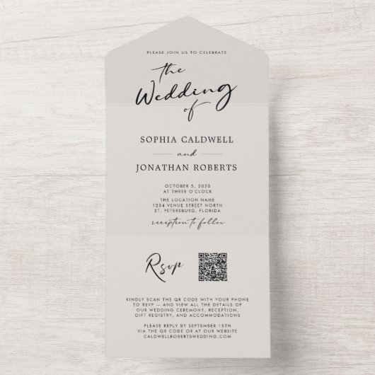 Invitation Tout En Un QR Code RSVP Calligraphie Elegant Mariage Eggshell (À l'intérieur)