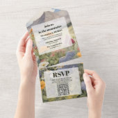 Invitation Tout En Un QR Code Rustic Mountain Forest Mariage À feuillage (Déchirure)