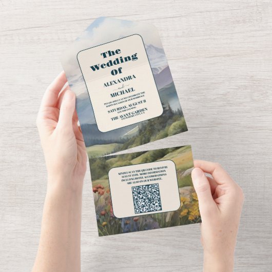 Invitation Tout En Un QR Code Rustic Mountain Meadow Mariage (Déchirure)