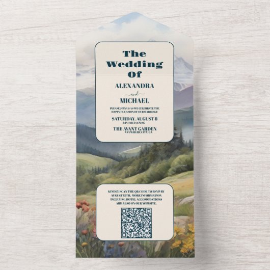 Invitation Tout En Un QR Code Rustic Mountain Meadow Mariage (À l'intérieur)
