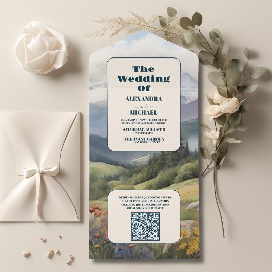 Invitation Tout En Un QR Code Rustic Mountain Meadow Mariage