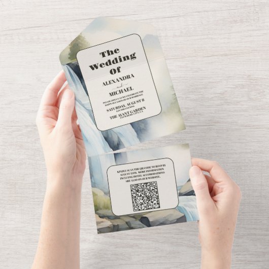 Invitation Tout En Un QR Code Rustic Mountain Waterfall Boho Mariage (Déchirure)