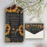 Invitation Tout En Un QR code rustique tournesol d'or grange bois mariag<br><div class="desc">Élégant chic été ou automne mariage de automne élégant budget élégant tout en un modèle d'invitation avec scannage QR CODE à la RSVP en ligne et des détails sur le bois de grange brun foncé avec un beau bouquet de tournesol et des cordes de lumières scintillantes. L'invitation est adaptée aux...</div>