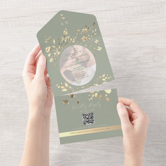 Invitation Tout En Un QR Code Sage Green Gold Floral Wedding (Déchirure)