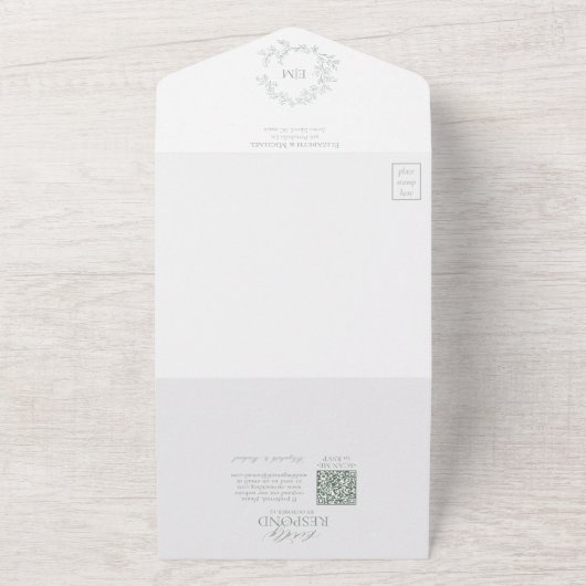 Invitation Tout En Un QR Code Sage Green Leafer Crest Monogram Mariage (Dehors)