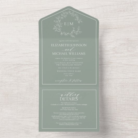 Invitation Tout En Un QR Code Sage Green Leafer Crest Monogram Mariage (À l'intérieur)