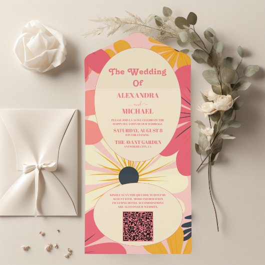 Invitation Tout En Un QR Code Super Retro Pink & Gold Mariage