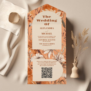 Invitation Tout En Un QR Code Terracotta Aquarelle Fleur sauvage Mariage