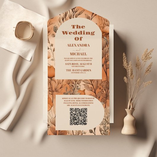 Invitation Tout En Un QR Code Terracotta Aquarelle Fleur sauvage Mariage
