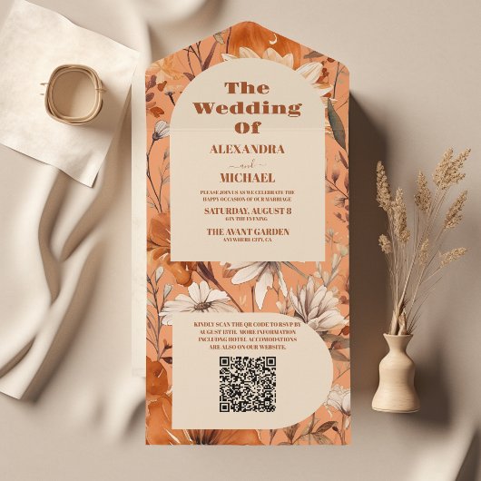 Invitation Tout En Un QR Code Terracotta Aquarelle Fleur sauvage Mariage