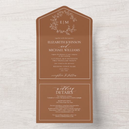 Invitation Tout En Un QR Code Terracotta Poitrine feutrée Monogramme Mar (À l'intérieur)