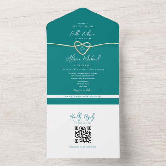 Invitation Tout En Un QR Code Turquoise Gold Heart Mariage (À l'intérieur)
