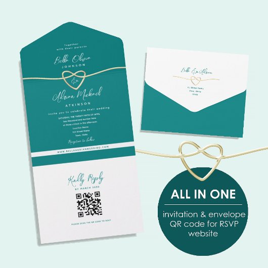 Invitation Tout En Un QR Code Turquoise Gold Heart Mariage