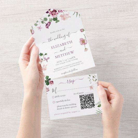 Invitation Tout En Un Qr Code violet et Mariage rose (Déchirure)