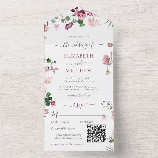 Invitation Tout En Un Qr Code violet et Mariage rose (À l'intérieur)