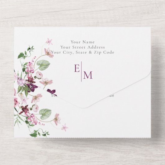 Invitation Tout En Un Qr Code violet et Mariage rose (Verso)
