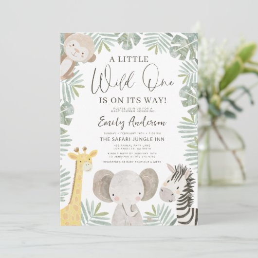 Invitation Tout en un QR Code Wild One Baby shower Safari (Debout devant)