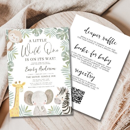 Invitation Tout en un QR Code Wild One Baby shower Safari