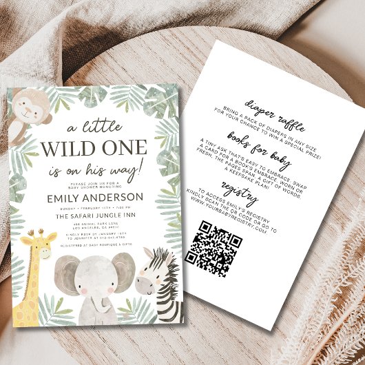 Invitation Tout en un QR Code Wild One Baby shower Safari