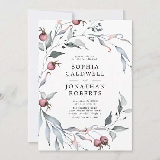 Invitation Tout en un QR Code Winter Berries Mariage de verdu (Devant)