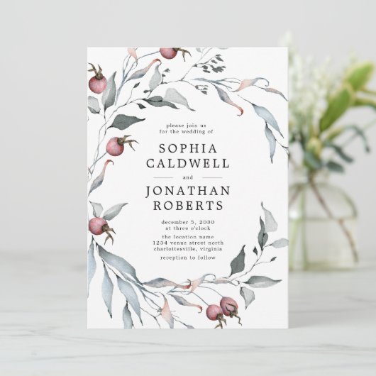 Invitation Tout en un QR Code Winter Berries Mariage de verdu (Debout devant)