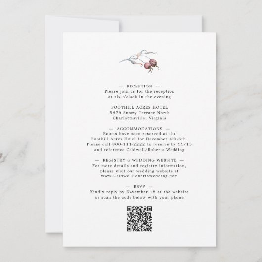 Invitation Tout en un QR Code Winter Berries Mariage de verdu (Dos)