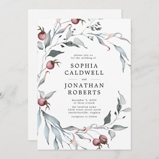 Invitation Tout en un QR Code Winter Berries Mariage de verdu (Devant / Derrière)