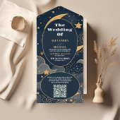 Invitation Tout En Un QR CodeMariage céleste d'or bleu nuit
