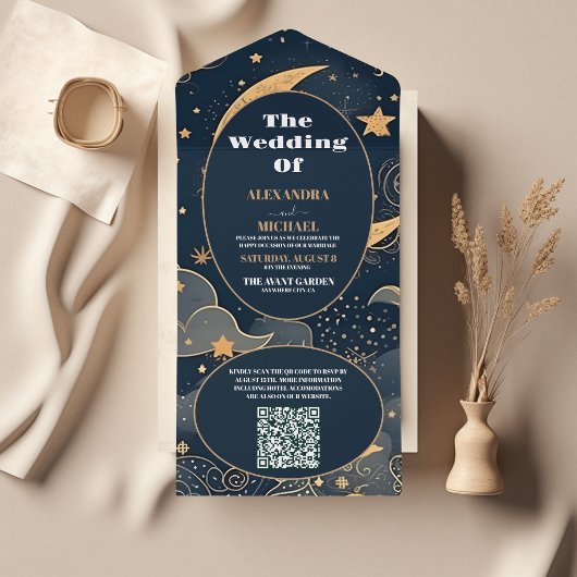 Invitation Tout En Un QR CodeMariage céleste d'or bleu nuit