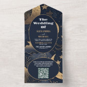 Invitation Tout En Un QR CodeMariage céleste d'or bleu nuit (À l'intérieur)
