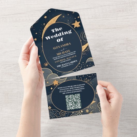 Invitation Tout En Un QR CodeMariage céleste d'or bleu nuit (Déchirure)