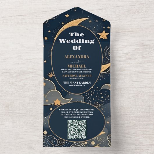 Invitation Tout En Un QR CodeMariage céleste d'or bleu nuit (À l'intérieur)